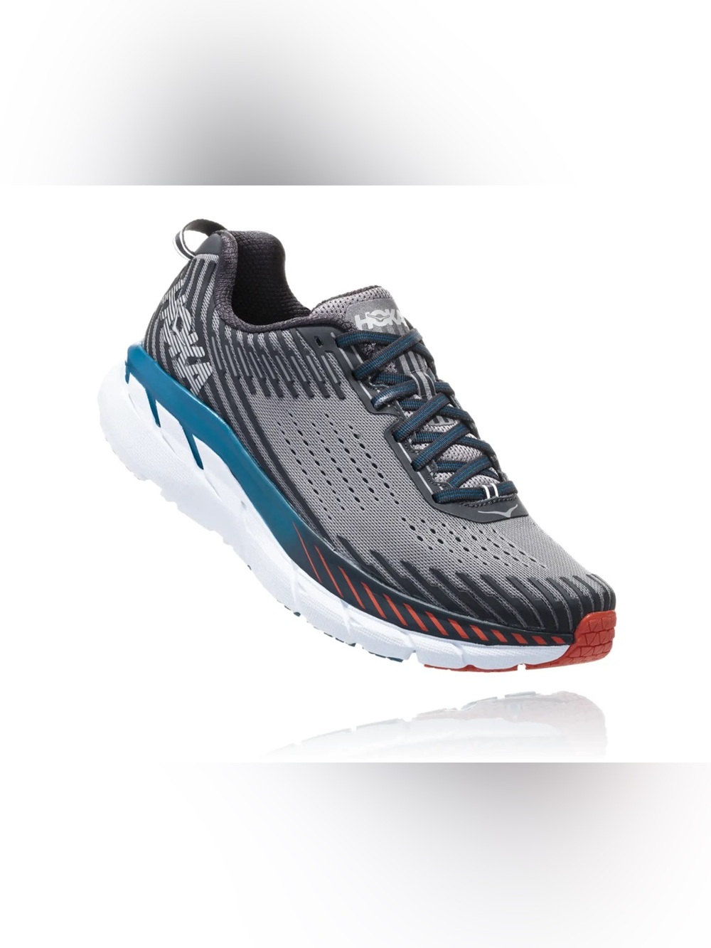 Hoka One One Men's Gray Blue Athletic Running Shoes with Red Accents